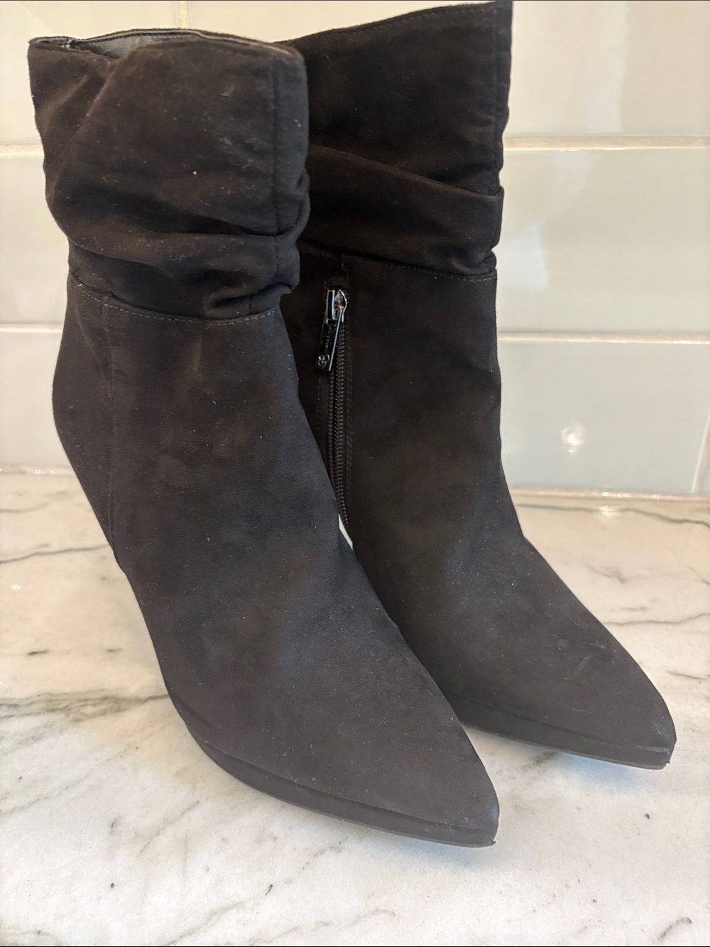 Jessica Simpson Black Pointed-Toe Faux Suede Ankle Stiletto Boots